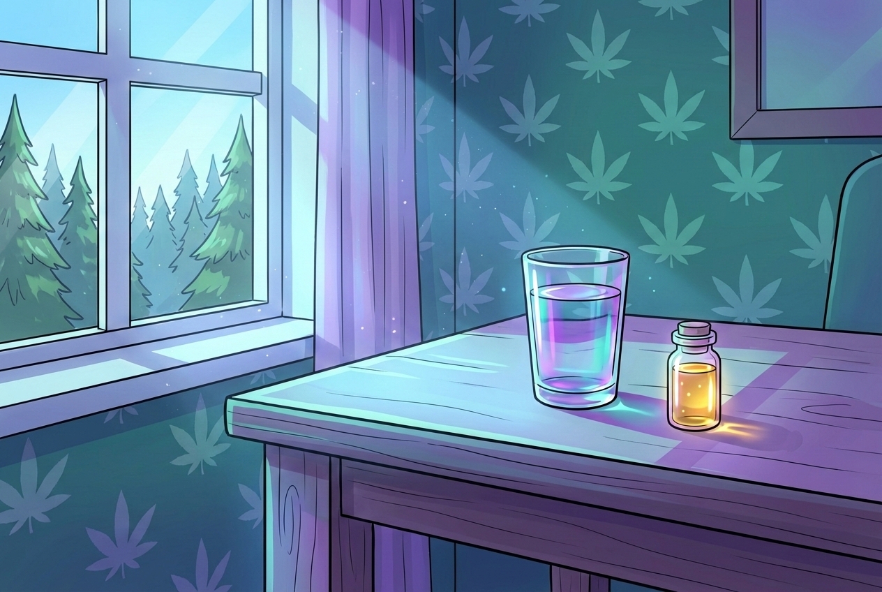 A bright, sunlit workspace with a clean desk, a glass of water, and a small vial of golden oil, symbolizing clarity and productivity.